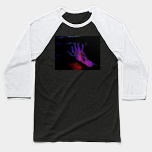 Digital collage, special processing. Hand laying on some wet surface. Psychedelic. Colorful. Blue, violet and red. Baseball T-Shirt